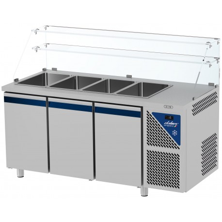 Saladette positive +4/+10°C - 4 GN 1/1 - 460 L - 3 portes pleines - Prof. 700 - Avec vitrine haute - SAL703VH-3 - Dalmec