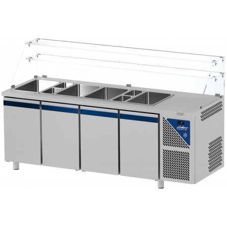 Saladette positive +4/+10°C - 5 GN 1/1 - 630 L - 4 portes pleines - Prof. 700 - Avec vitrine haute - SAL704VH-3 - Dalmec