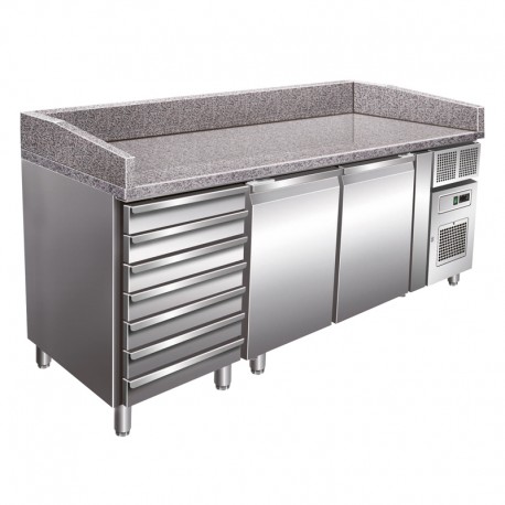 Table à pizza - Dessus granit - 2 portes + 1 bloc 7 tiroirs à pâtons - +2/+8°C - PZ2610TNA - Nosem
