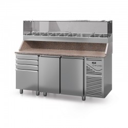 Table à pizza prof. 800 - 600 x 400 avec vitrinette 12 x GN 1/4 - 3 portes + 4 tiroirs neutres à patons - DALMEC - PZ8034T14-4 Table à pizza prof. 800 - 600 x 400 avec vitrinette 12 x GN 1/4 - 3 portes + 4 tiroirs neutres à patons - DALMEC - PZ8034T14-4