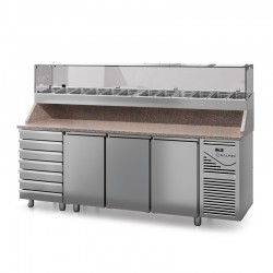 Table à pizza prof. 800 - 600 x 400 avec vitrinette 12 x GN 1/4 - 3 portes + 7 tiroirs neutres à patons - DALMEC - PZ8037T14-4 Table à pizza prof. 800 - 600 x 400 avec vitrinette 12 x GN 1/4 - 3 portes + 7 tiroirs neutres à patons - DALMEC - PZ8037T14-4