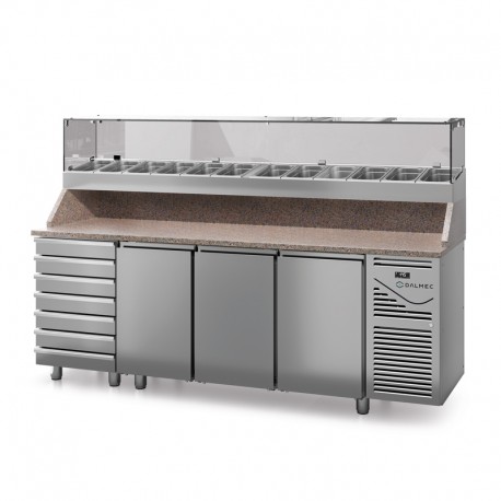 Table à pizza prof. 800 - 600 x 400 avec vitrinette 12 x GN 1/4 - 3 portes + 7 tiroirs neutres à patons - DALMEC - PZ8037T14-4