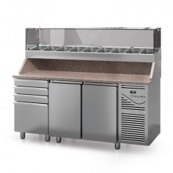 Table à pizza prof. 800 - 600 x 400 avec vitrinette 9 x GN 1/4 - 2 portes + 4 tiroirs neutres à patons - DALMEC - PZ8024T14-4 Table à pizza prof. 800 - 600 x 400 avec vitrinette 9 x GN 1/4 - 2 portes + 4 tiroirs neutres à patons - DALMEC - PZ8024T14-4