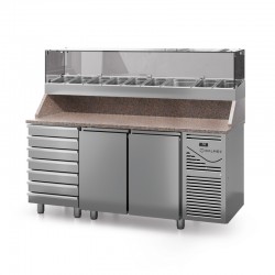 Table à pizza prof. 800 - 600 x 400 avec vitrinette 9 x GN 1/4 - 2 portes + 7 tiroirs neutres à patons - DALMEC - PZ8027T14-4 Table à pizza prof. 800 - 600 x 400 avec vitrinette 9 x GN 1/4 - 2 portes + 7 tiroirs neutres à patons - DALMEC - PZ8027T14-4