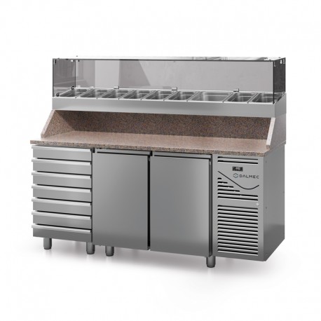 Table à pizza prof. 800 - 600 x 400 avec vitrinette 9 x GN 1/4 - 2 portes + 7 tiroirs neutres à patons - DALMEC - PZ8027T14-4