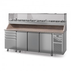 Table à pizza prof. 800 - 600 x 400 avec vitrinette 12 x GN 1/3 - 3 portes + 4 tiroirs neutres à patons - DALMEC - PZ8034T13-4 Table à pizza prof. 800 - 600 x 400 avec vitrinette 12 x GN 1/3 - 3 portes + 4 tiroirs neutres à patons - DALMEC - PZ8034T13-4