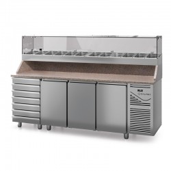 Table à pizza prof. 800 - 600 x 400 avec vitrinette 12 x GN 1/3 - 3 portes + 7 tiroirs neutres à patons - DALMEC - PZ8037T13-4 Table à pizza prof. 800 - 600 x 400 avec vitrinette 12 x GN 1/3 - 3 portes + 7 tiroirs neutres à patons - DALMEC - PZ8037T13-4