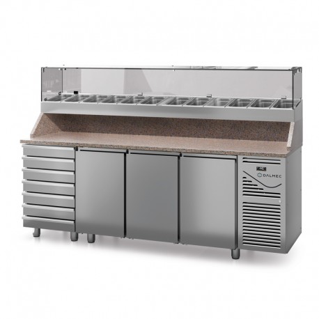 Table à pizza prof. 800 - 600 x 400 avec vitrinette 12 x GN 1/3 - 3 portes + 7 tiroirs neutres à patons - DALMEC - PZ8037T13-4