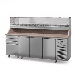 Table à pizza prof. 700 - GN 1/1 avec vitrinette 11 x GN 1/4 - 3 portes + 4 tiroirs neutres à patons - DALMEC - PZ7034T14-4