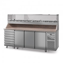 Table à pizza prof. 700 - GN 1/1 avec vitrinette 11 x GN 1/4 - 3 portes + 7 tiroirs neutres à patons - DALMEC - PZ7037T14-4