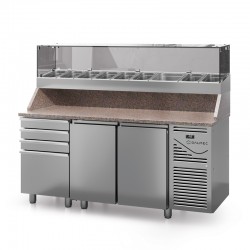 Table à pizza prof. 700 - GN 1/1 avec vitrinette 8 x GN 1/4 - 2 portes + 4 tiroirs neutres à patons - DALMEC - PZ7024T14-4 Table à pizza prof. 700 - GN 1/1 avec vitrinette 8 x GN 1/4 - 2 portes + 4 tiroirs neutres à patons - DALMEC - PZ7024T14-4