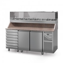 Table à pizza prof. 700 - GN 1/1 avec vitrinette 8 x GN 1/4 - 2 portes + 7 tiroirs neutres à patons - DALMEC - PZ7027T14-4 Table à pizza prof. 700 - GN 1/1 avec vitrinette 8 x GN 1/4 - 2 portes + 7 tiroirs neutres à patons - DALMEC - PZ7027T14-4
