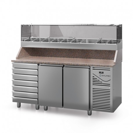 Table à pizza prof. 700 - GN 1/1 avec vitrinette 8 x GN 1/4 - 2 portes + 7 tiroirs neutres à patons - DALMEC - PZ7027T14-4
