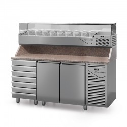 Table à pizza prof. 700 - GN 1/1 avec vitrinette 8 x GN 1/4 - 2 portes + 7 tiroirs neutres à patons - DALMEC - PZ7027T14-4