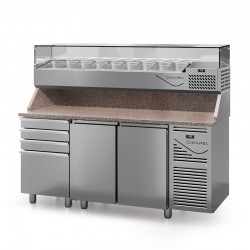 Table à pizza prof. 700 - GN 1/1 avec vitrinette 8 x GN 1/4 - 2 portes + 4 tiroirs neutres à patons - DALMEC - PZ7024T14-4