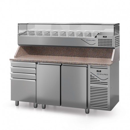 Table à pizza prof. 700 - GN 1/1 avec vitrinette 8 x GN 1/4 - 2 portes + 4 tiroirs neutres à patons - DALMEC - PZ7024T14-4
