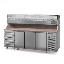 Table à pizza prof. 700 - GN 1/1 avec vitrinette 11 x GN 1/4 - 3 portes + 7 tiroirs neutres à patons - DALMEC - PZ7037T14-4