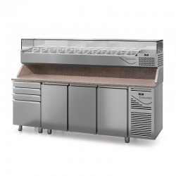 Table à pizza prof. 700 - GN 1/1 avec vitrinette 11 x GN 1/4 - 3 portes + 4 tiroirs neutres à patons - DALMEC - PZ7034T14-4