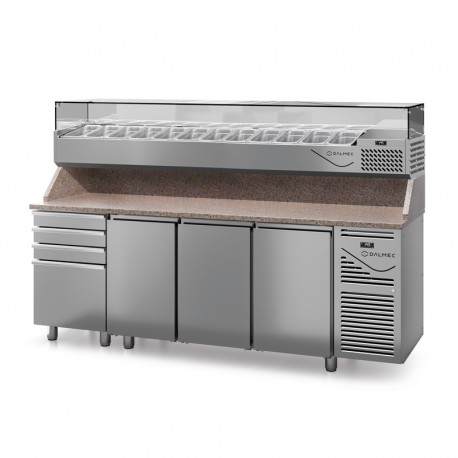 Table à pizza prof. 700 - GN 1/1 avec vitrinette 11 x GN 1/4 - 3 portes + 4 tiroirs neutres à patons - DALMEC - PZ7034T14-4
