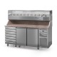Table à pizza prof. 800 - 600 x 400 avec vitrinette 9 x GN 1/3 - 2 portes + 7 tiroirs neutres à patons - DALMEC - PZ8027T13-4