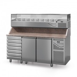 Table à pizza prof. 800 - 600 x 400 avec vitrinette 9 x GN 1/3 - 2 portes + 7 tiroirs neutres à patons - DALMEC - PZ8027T13-4