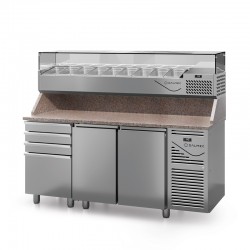 Table à pizza prof. 800 - 600 x 400 avec vitrinette 9 x GN 1/3 - 2 portes + 4 tiroirs neutres à patons - DALMEC - PZ8024T13-4