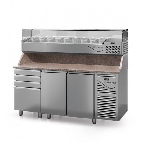 Table à pizza prof. 800 - 600 x 400 avec vitrinette 9 x GN 1/3 - 2 portes + 4 tiroirs neutres à patons - DALMEC - PZ8024T13-4