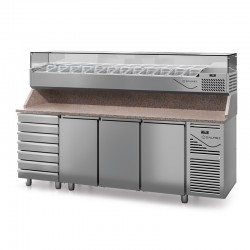 Table à pizza prof. 800 - 600 x 400 avec vitrinette 12 x GN 1/3 - 3 portes + 7 tiroirs neutres à patons - DALMEC - PZ8037T13-4