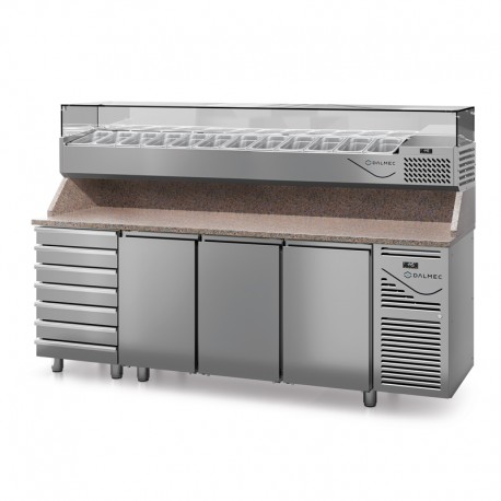 Table à pizza prof. 800 - 600 x 400 avec vitrinette 12 x GN 1/3 - 3 portes + 7 tiroirs neutres à patons - DALMEC - PZ8037T13-4