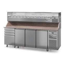 Table à pizza prof. 800 - 600 x 400 avec vitrinette 12 x GN 1/3 - 3 portes + 4 tiroirs neutres à patons - DALMEC - PZ8034T13-4