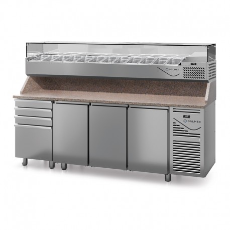 Table à pizza prof. 800 - 600 x 400 avec vitrinette 12 x GN 1/3 - 3 portes + 4 tiroirs neutres à patons - DALMEC - PZ8034T13-4
