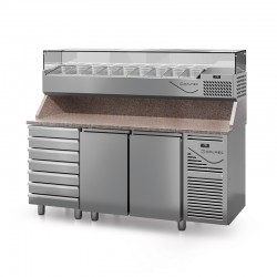 Table à pizza prof. 800 - 600 x 400 avec vitrinette 9 x GN 1/4 - 2 portes + 7 tiroirs neutres à patons - DALMEC - PZ8027T14-4