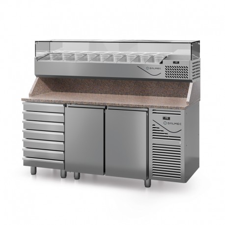 Table à pizza prof. 800 - 600 x 400 avec vitrinette 9 x GN 1/4 - 2 portes + 7 tiroirs neutres à patons - DALMEC - PZ8027T14-4