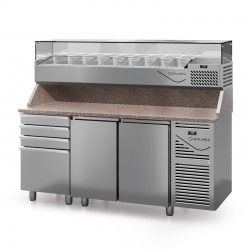 Table à pizza prof. 800 - 600 x 400 avec vitrinette 9 x GN 1/4 - 2 portes + 4 tiroirs neutres à patons - DALMEC - PZ8024T14-4