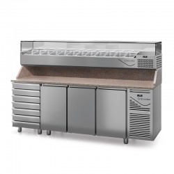Table à pizza prof. 800 - 600 x 400 avec vitrinette 12 x GN 1/4 - 3 portes + 7 tiroirs neutres à patons - DALMEC - PZ8037T14-4