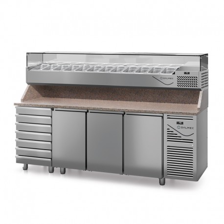 Table à pizza prof. 800 - 600 x 400 avec vitrinette 12 x GN 1/4 - 3 portes + 7 tiroirs neutres à patons - DALMEC - PZ8037T14-4