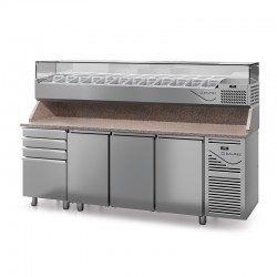 Table à pizza prof. 800 - 600 x 400 avec vitrinette 12 x GN 1/4 - 3 portes + 4 tiroirs neutres à patons - DALMEC - PZ8034T14-4
