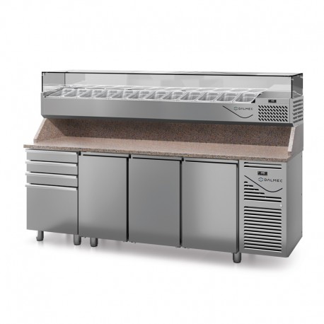 Table à pizza prof. 800 - 600 x 400 avec vitrinette 12 x GN 1/4 - 3 portes + 4 tiroirs neutres à patons - DALMEC - PZ8034T14-4