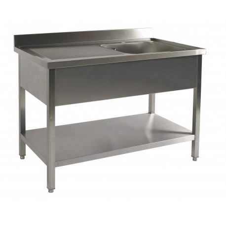 Table du chef adossée inox avec étagère profondeur 700 mm - Bac à droite - Nosem