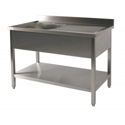 Table du chef adossée inox avec étagère profondeur 700 mm - Bac à gauche - Longueur 1400 mm - TACFG714ET - Nosem